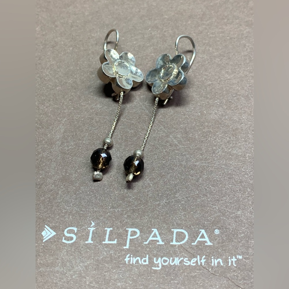 Silpada EXT RARE Sterling Flower with Smokey Quartz Dangles Lock Wires Earrings